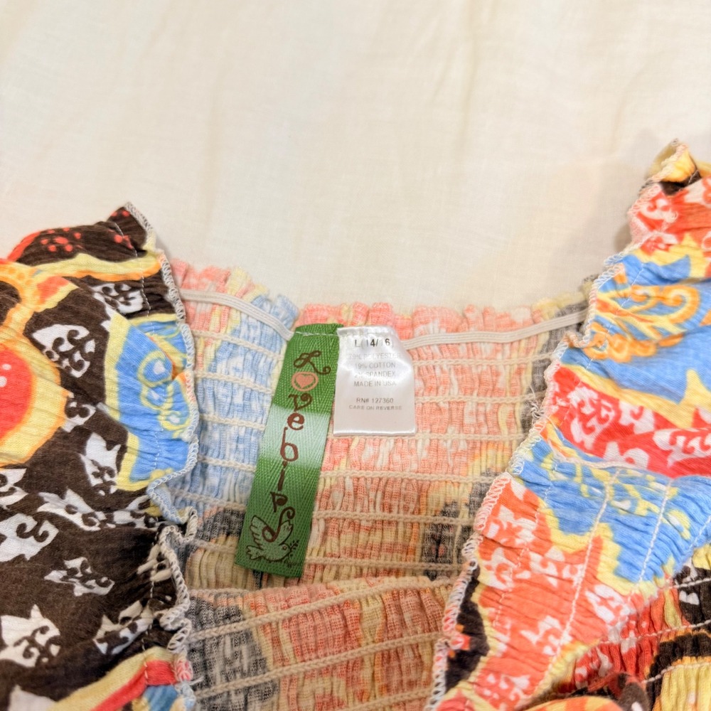 Lovebird Girls Floral Paisley Smocked Top Orange Blue Boho Ruffle Blouse L 14/16 - Picture 3 of 5